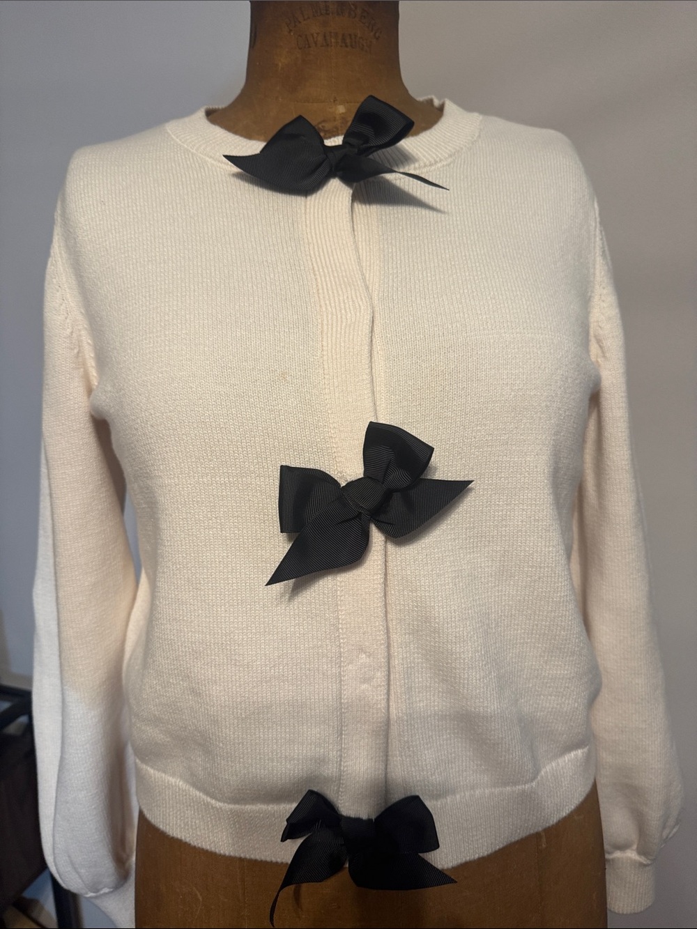LOFT Cream Sweater Cardigan with Black Bow Accents